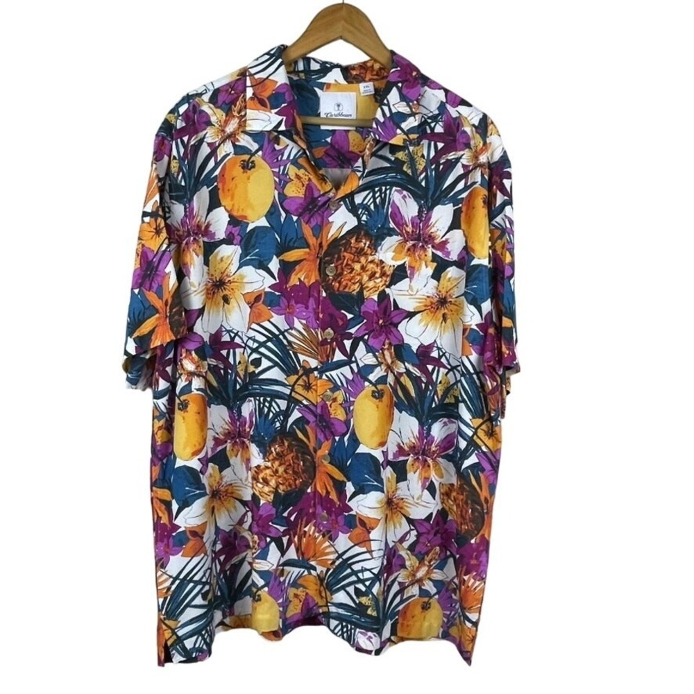Caribbean Hibiscus Pineapple Floral Colorful Short Sleeve Camp Shirt Size XXL